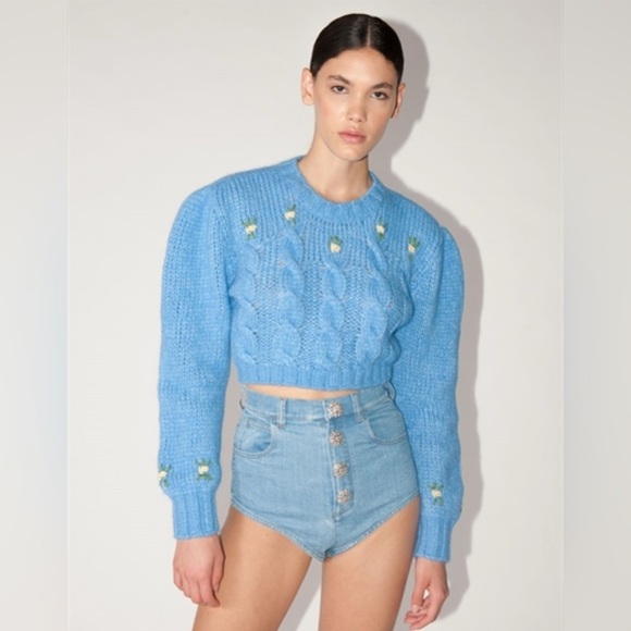 Alessandra Rich Luisaviaroma Exclusive Cropped Wool Knit Sweater in Light Blue